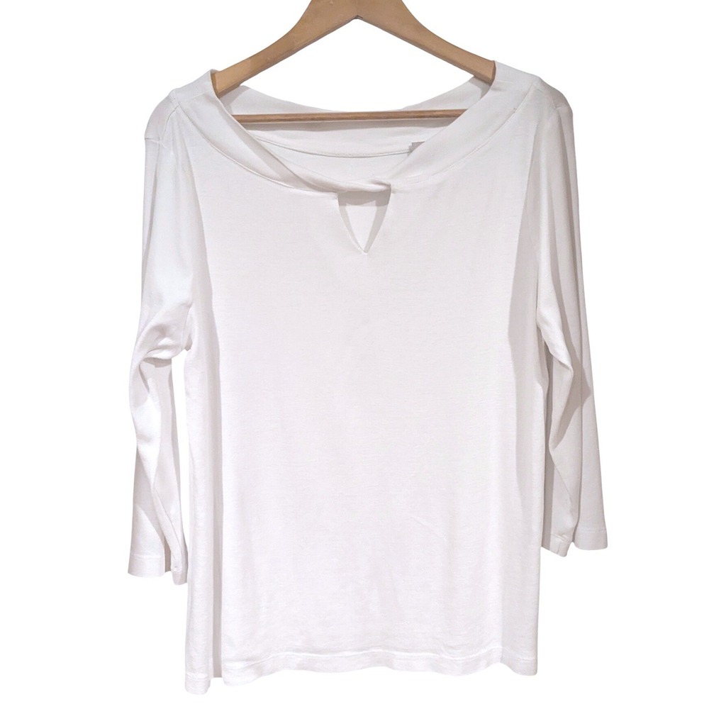 Chico's Keyhole Twist Neck Top Size 2 L White 3/4 Sleeve Cotton Minimalist Chic